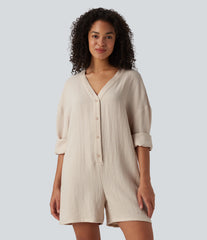 V-neck Long Sleeve Button Linen-Feel Casual Romper