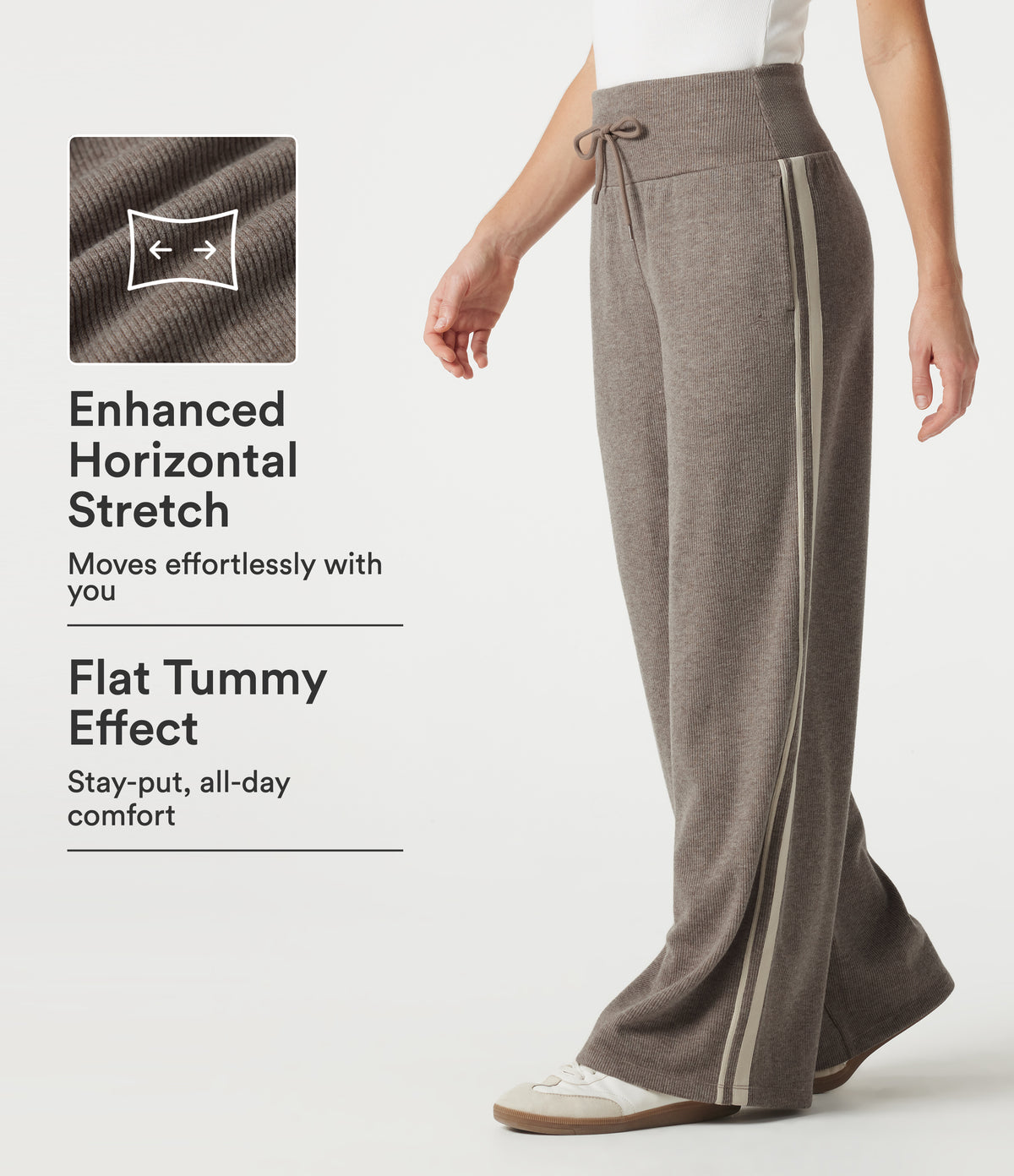 Ribbed High Waisted Tummy Control Drawstring Side Stripe Baggy Casual Pants with Pockets