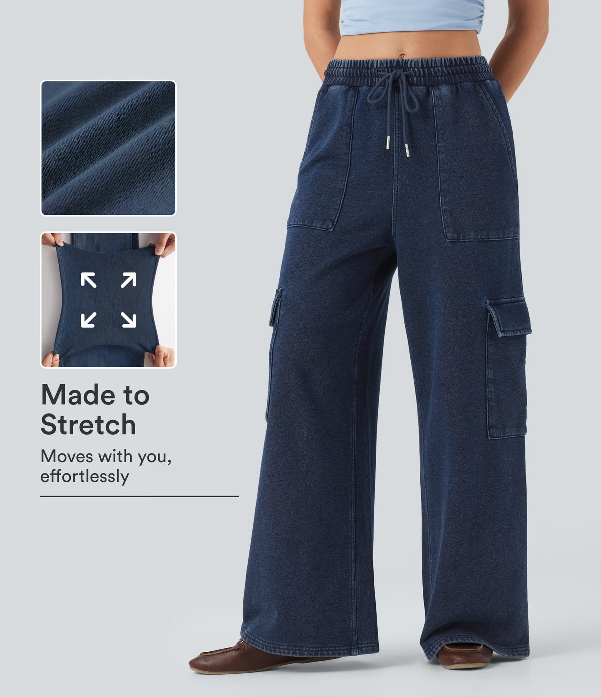Halara Flex™ Mid Rise Drawstring Straight Leg Casual French Terry Cargo Sweatpants Jeans with Pockets