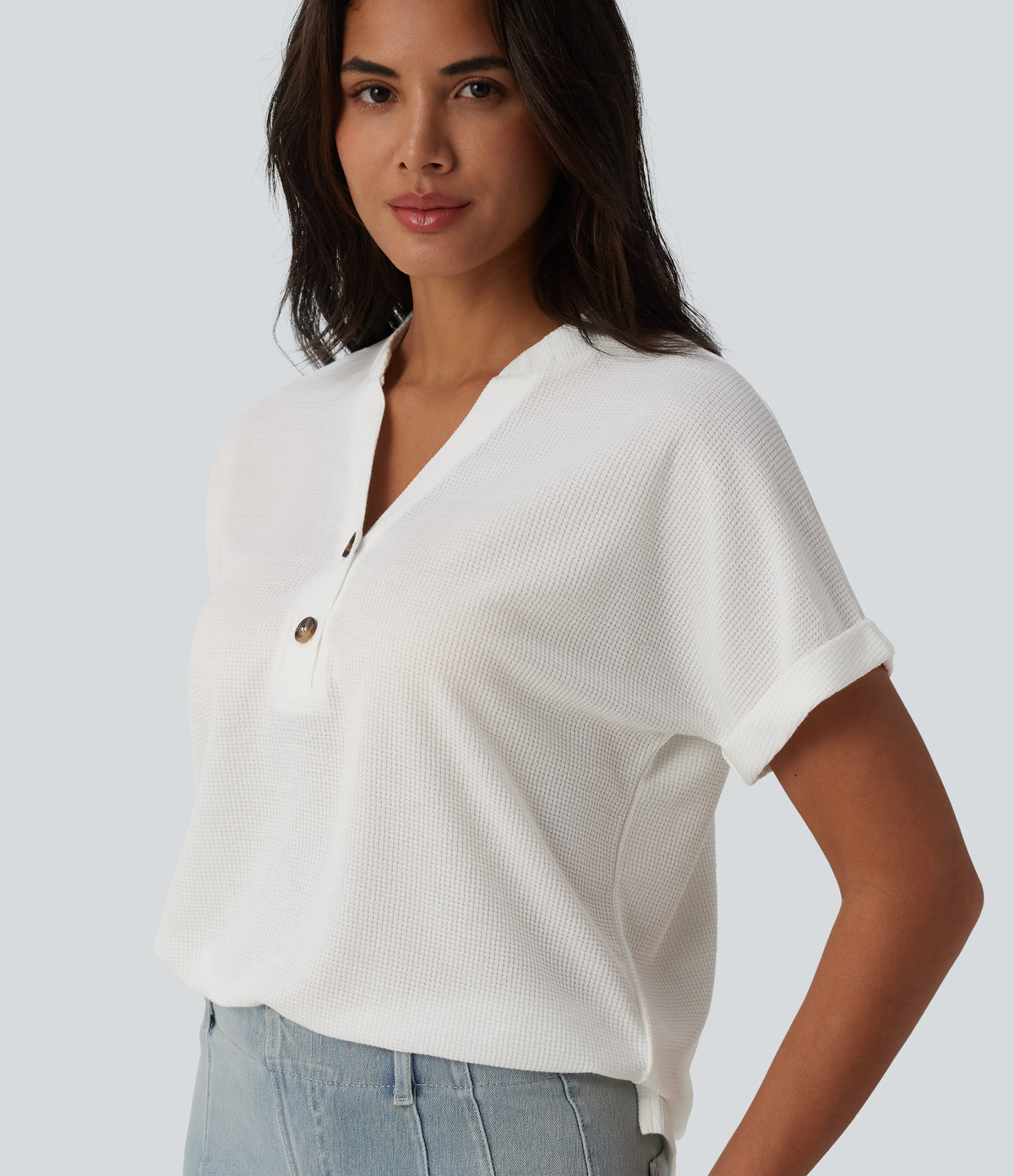 V-neck Button Batwing Sleeve Waffle Casual T-Shirt
