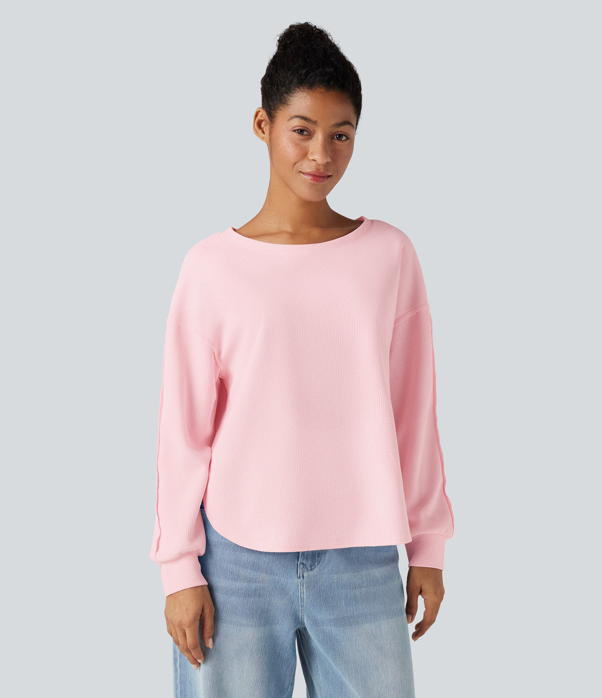 Round Neck Long Sleeve Curved Hem Waffle Casual Top