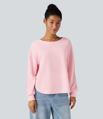 Round Neck Long Sleeve Curved Hem Waffle Casual Top