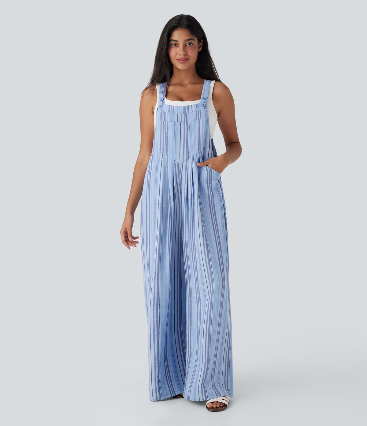 Stripe Wide Leg Flowy Casual Linen-Feel Overalls with Pockets