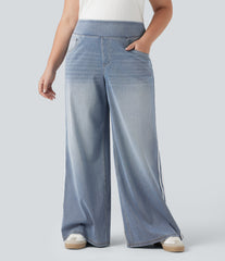 Halara Flex™ High Waisted Stripe Wide Leg Flowy Washed Casual Plus Size Jeans with Pockets