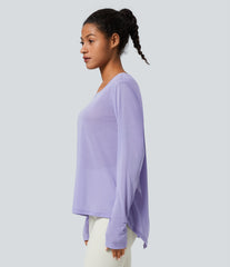 Round Neck Long Sleeve Cut Out Tie Back Yoga Sports Top