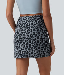 High Waisted Tummy Control Ruched 2-in-1 Mini Leopard Print Waffle Casual Tulip Skirt