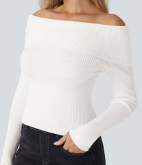 Folded Off Shoulder Long Sleeve Casual Sweater