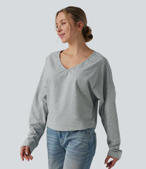Halara Cotton Jersey V-neck Dropped Shoulder Long Sleeve Casual T-Shirt