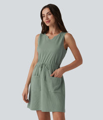 Notched Sleeveless Drawstring Waffle Mini Dress with Pockets