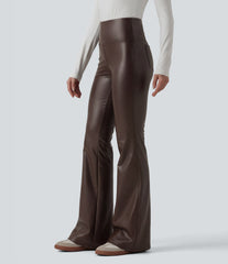 High Waisted Tummy Control Stretchy PU Fleece Flare Casual Pants with Pockets