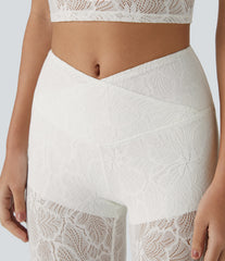 High Waisted Crossover 2-in-1 7/8 Lace Casual Leggings