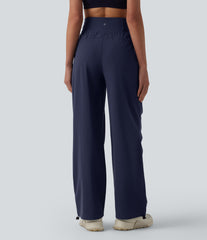 High Waisted Drawstring Ruched Quick Dry Running Straight Leg Baggy Pants with Pockets