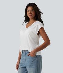 V Neck Short Sleeve Jacquard Casual T-Shirt