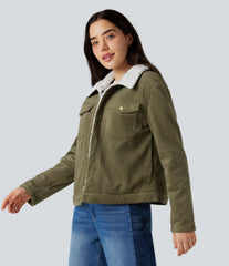 Long Sleeve Casual Corduroy Sherpa Jacket with Pockets