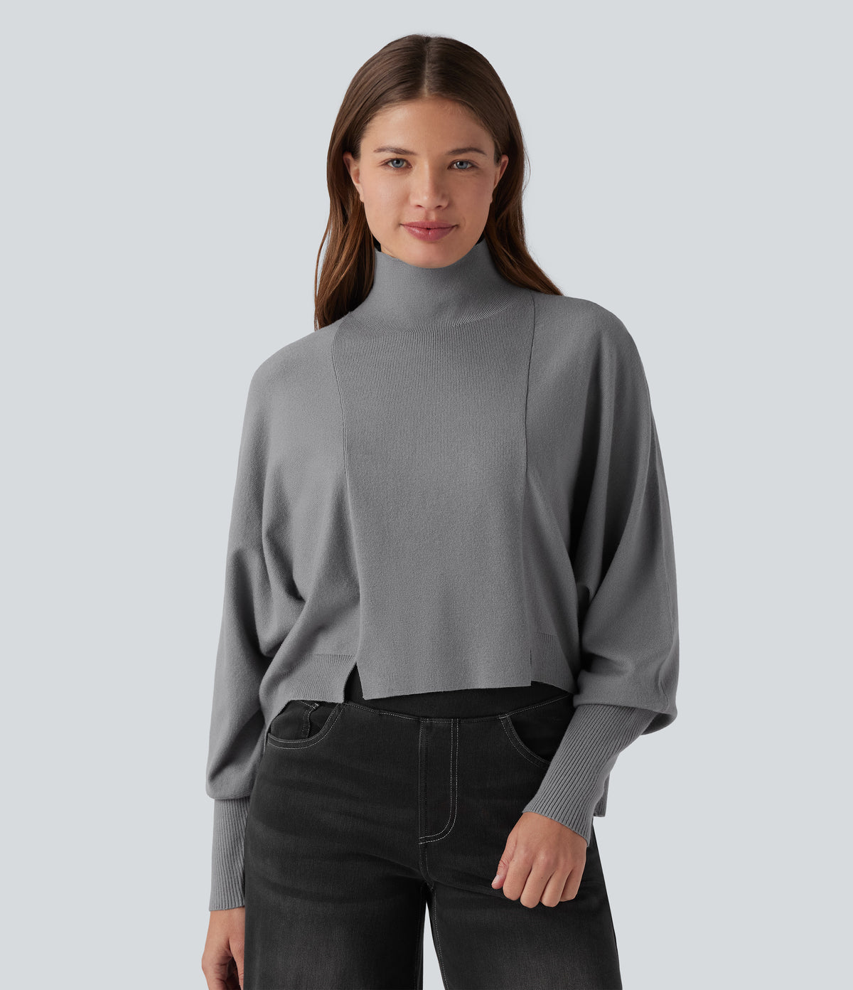 High Neck Long Sleeve High Low Work Sweater