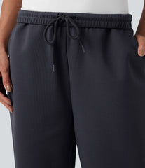 High Waisted Drawstring Cinchable Hem Casual Wide Leg Pants with Pockets