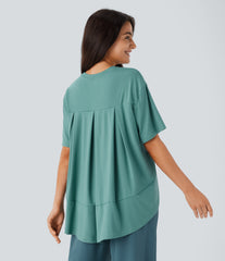 Round Neck Short Sleeve High Low Asymmetric Hem Casual Top