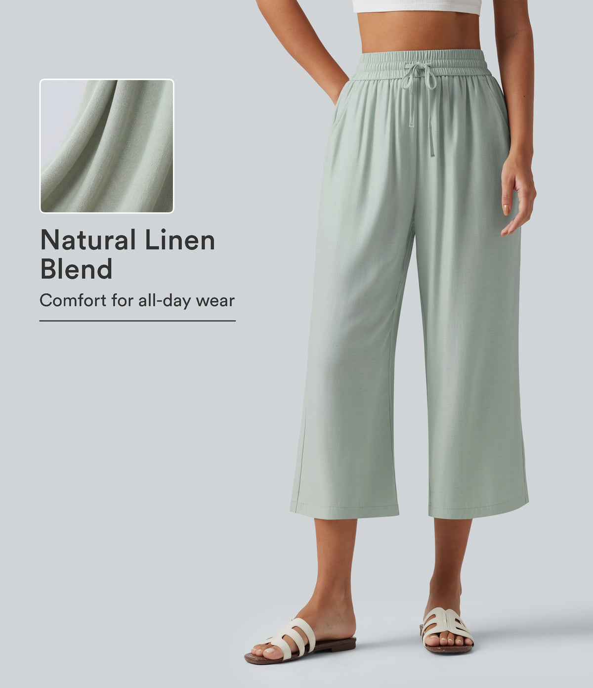 High Waisted Drawstring Wide Leg Cropped Casual Linen-Blend Pants with Pockets