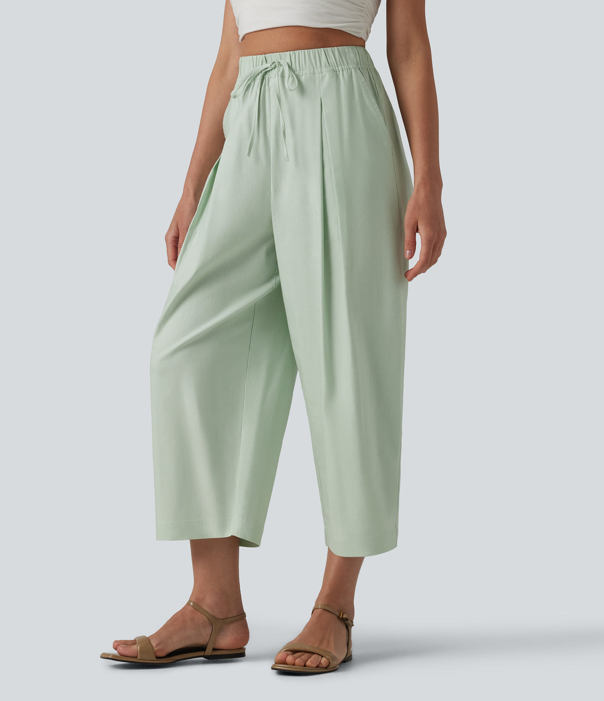 High Waisted Drawstring Barrel Leg Cropped Casual Cotton Linen Pants with Pockets
