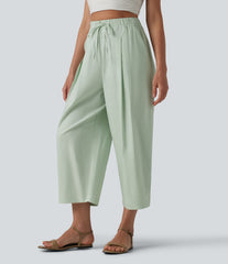 High Waisted Drawstring Barrel Leg Cropped Casual Cotton Linen Pants with Pockets