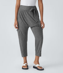 Mid Rise Tie Pockets Casual Harem Pants