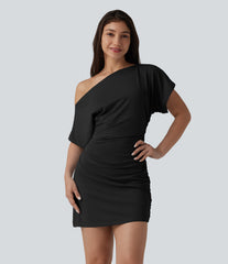 One Shoulder Short Sleeve Ruched Bodycon Mini Casual Dress