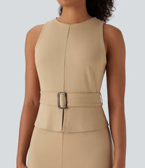 Sleeveless Keyhole-Back Belted Midi Work Dress