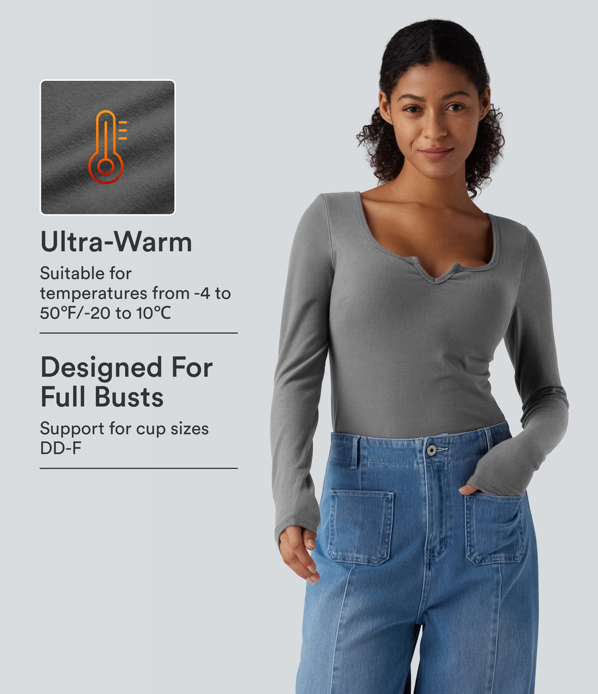 Halara HeatCore Push-Up Notched Long Sleeve Casual Warming T-Shirt DD-F Cups