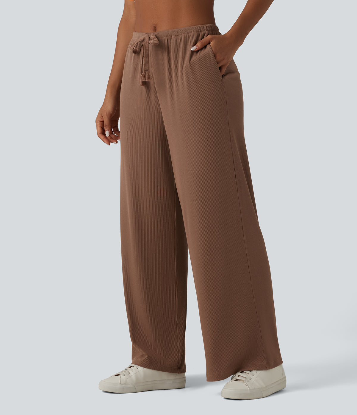 High Stretch Ribbed Knit Mid Rise Drawstring Baggy Casual Pants with Pockets