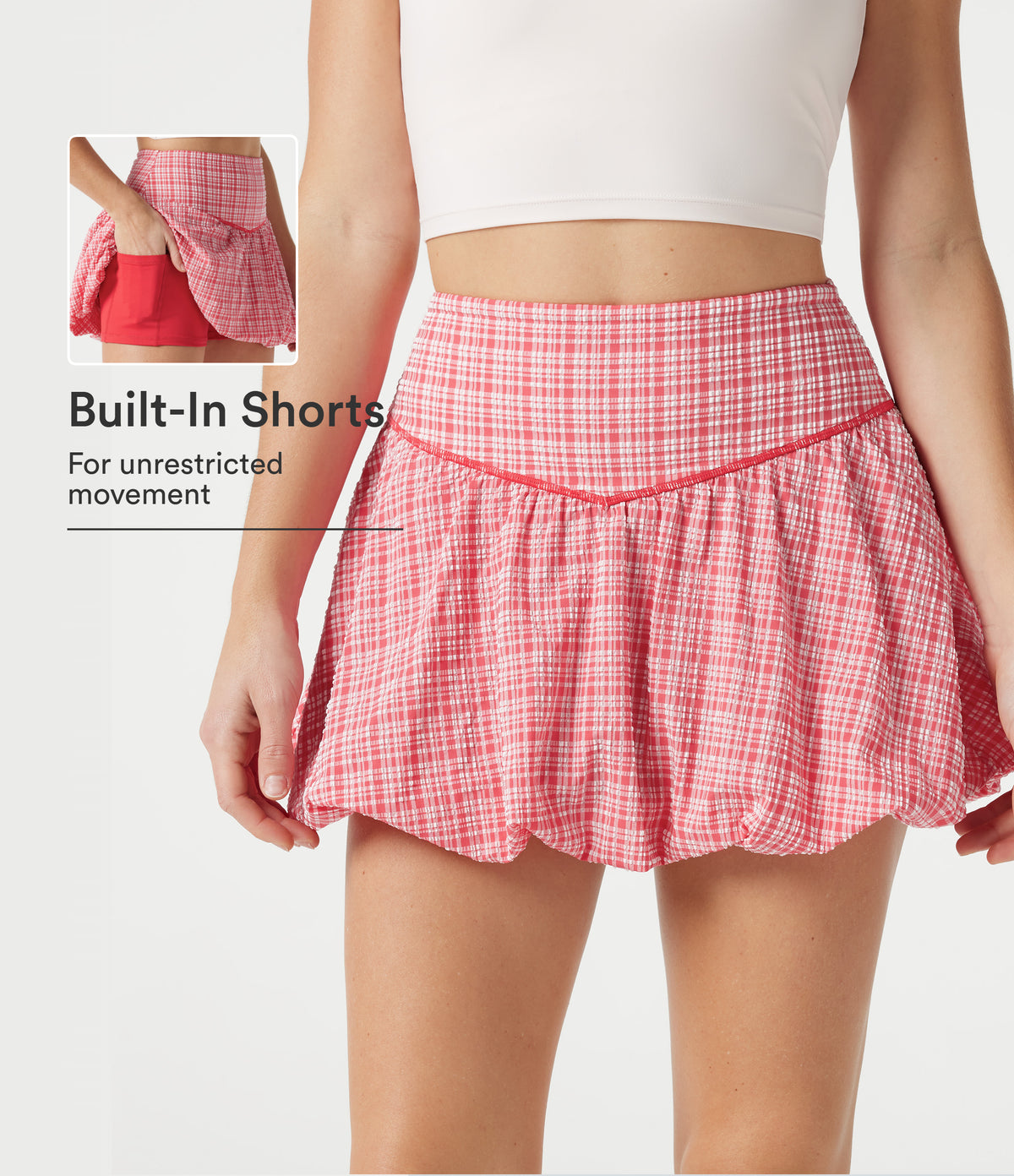 High-waisted 2-in-1 Plaid Crinkle Quick Dry Mini Tennis Bubble Skirt with Pockets