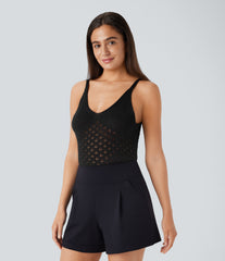V Neck Cut Out Casual Sweater Knit Linen-Feel Tank Top