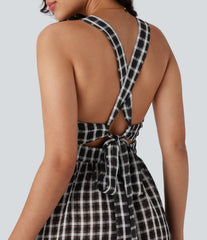 Tie Back Ruffle Hem Plaid Flowy Maxi Casual Dress