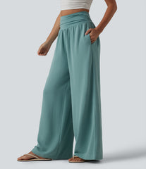 High Waisted Ruched Tummy Control Linen-Feel Casual Baggy Pants with Pockets