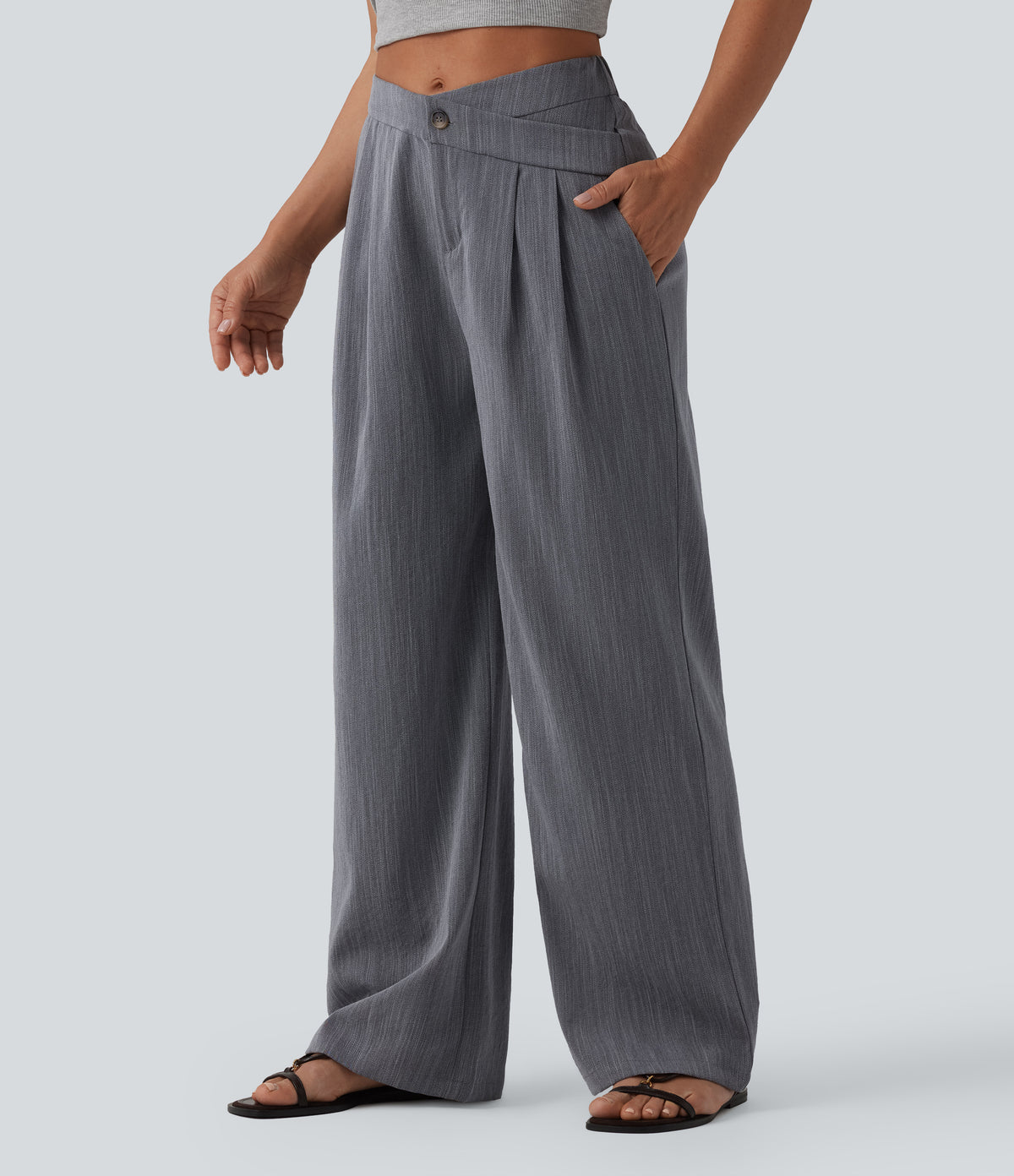 Asymmetric Mid Rise Pleated Casual Linen-Feel Baggy Pants with Pockets
