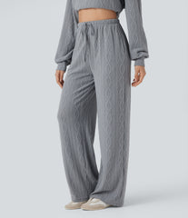High Waisted Drawstring Cable Knit Casual Pants with Pockets