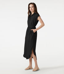 Collar Cap Sleeve Belted Curved Split Hem Midi Casual Linen-Blend Shirt Dress with Pockets
