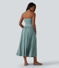 Tube Ruched Flowy Midi Casual Dress