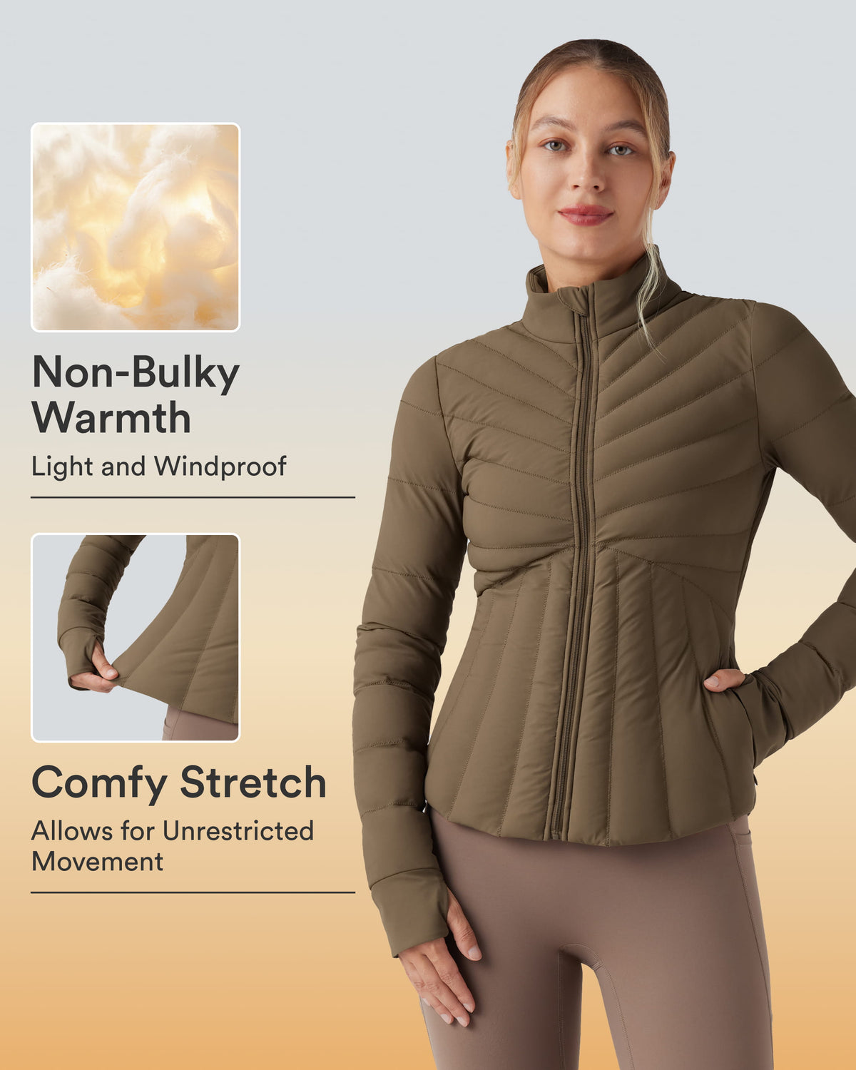 PuffFlex Stand Collar Thumb Holes Stretchy Workout Padded Jacket with Pockets