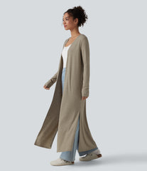 Long Sleeve Split Hem Heathered Casual Longline Coat