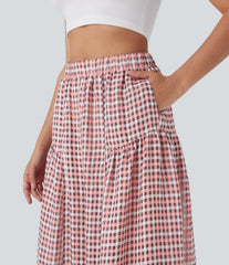 High Waisted Pocket Wide Leg Flowy Plaid Casual Pants