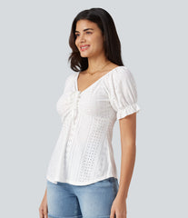V Neck Puff Short Sleeve Lace Up Eyelet Casual Blouse