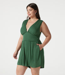 Ribbed V-neck Sleeveless Ruched Built-in Bra Casual Plus Size Romper with Pockets-Easy Peezy