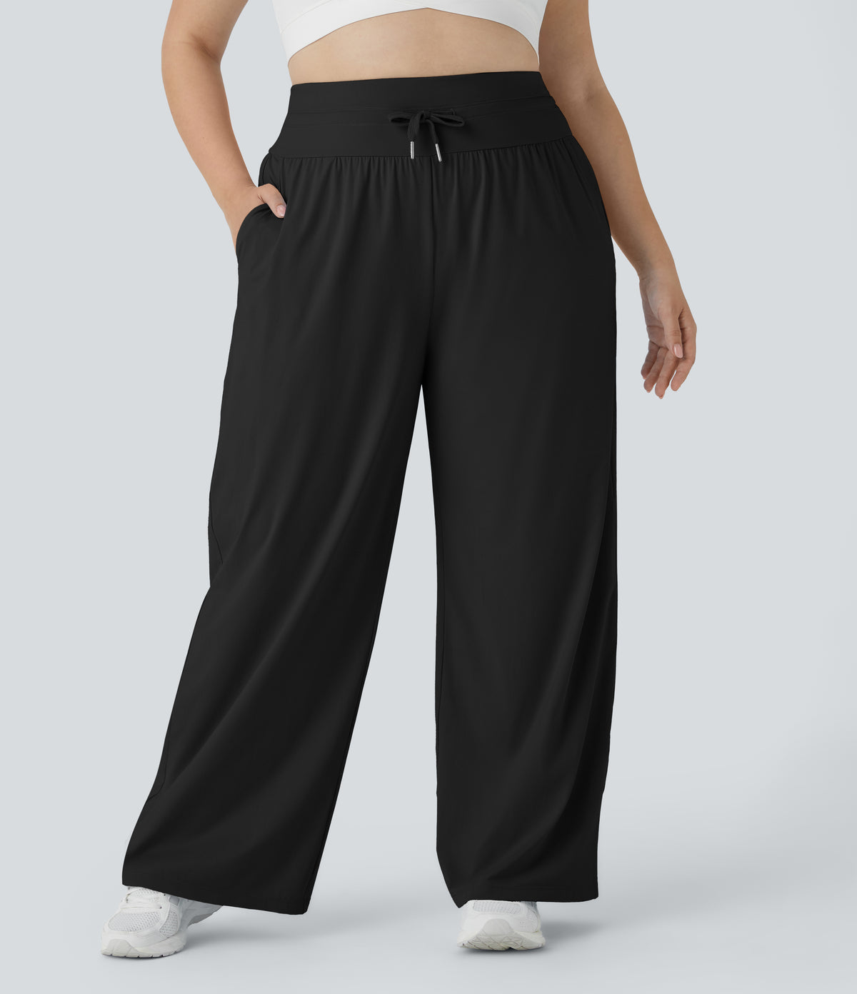 High Waisted Drawstring Pocket Wide Leg InstantCool Casual Plus Size Pants-UPF50+