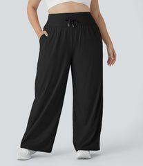 High Waisted Drawstring Pocket Wide Leg InstantCool Casual Plus Size Pants-UPF50+