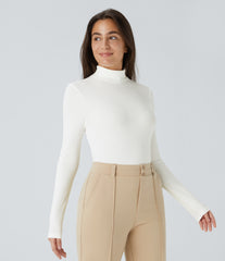 Ribbed Knit High Neck Long Sleeve Work Bodysuit