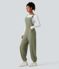 Ribbed Knit Adjustable Straps Casual Joggers Overalls with Pockets