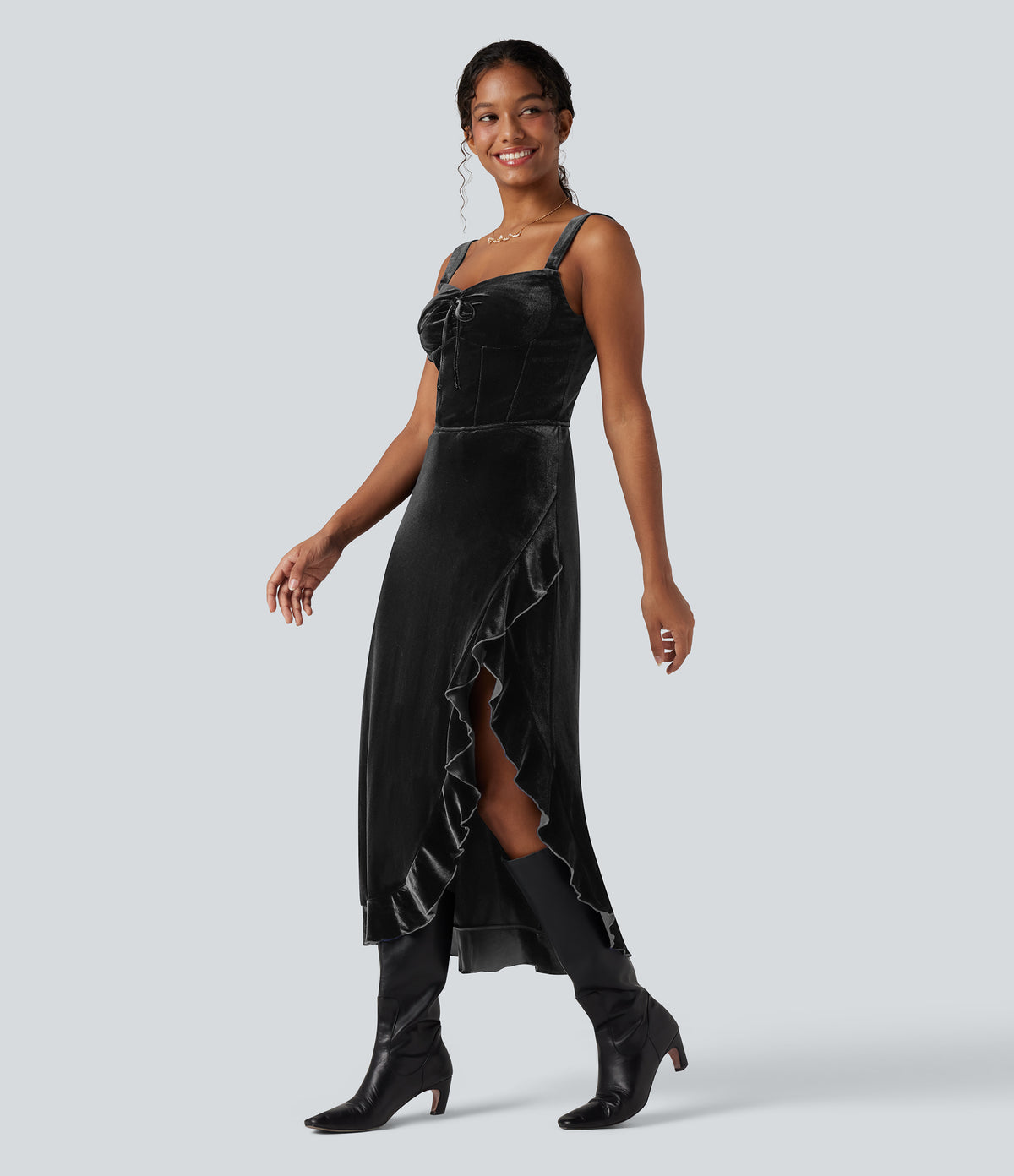 Queen Anne Neck Bow Front Ruffle Hem Velvet Midi Dress