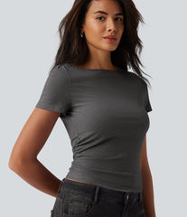 Boat Neck Short Sleeve Ruched Casual T-Shirt