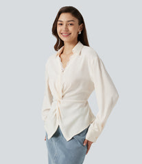 Wrinkle-Resistant V Neck Contrast Lace Long Sleeve Tie Back Twisted Work Shirt