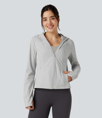 Hooded Long Sleeve Thumb Hole Zipper Hiking Jacket with Pockets-UPF40+